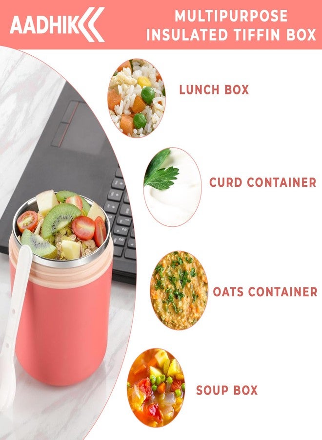 AADHIK Insulated Soup Cup Stainless Steel Water Cup with Spoon Lunch Container Leakproof Food Flask for Hot Food Soup for Kid Adult Office Outdoor Picnic Travel (Pink) - Image 2